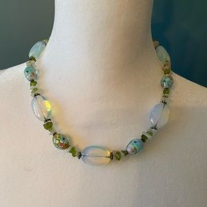 Necklace Murano glass & quartz stones- 18” long w/broche